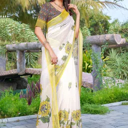 PHEASANT Floral Zari Pure Linen Block Print Saree-picture-27