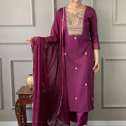 URMIR FASHION Wine Embroidered Regular Gotta Patti Kurta with Trousers & With Dupatta-picture-51
