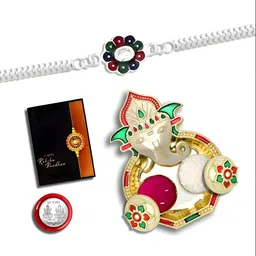 deodap Rakhi Combo for Brother with Dish, Pooja Coin, Roli Chawal & Greeting Card image 5