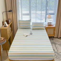 JC HOME Green & Blue Striped 220 TC King Bedsheet with 2 Pillow Covers-picture-26
