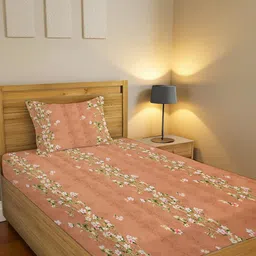 IVAZA Orange Floral 100 TC Single Bedsheet with 1 Pillow Cover-image-82