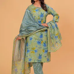 TANISHA Floral Printed Tie-Up Neck Straight Kurta With Trousers And Dupatta-1