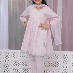 Little Bansi Girls Floral Woven Design Pure Cotton A-Line Kurta with Salwar & Dupatta-picture-48