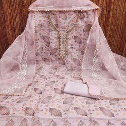 HERE&NOW Floral Position Printed Beads And Stones Organza Unstitched Dress Material-image-78