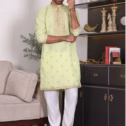 MANQ Men Embroidered Sequinned Chanderi Silk Kurta with Trousers-picture-14