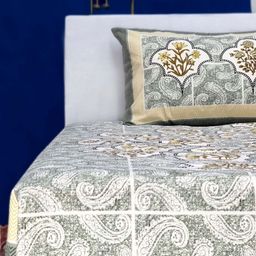 Marika Grey & White Floral Printed Cotton 250 TC King Bedsheet Set 2.74 m x 2.36 m-image-4