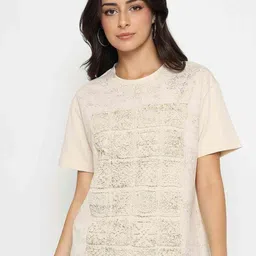 Madame Women Self Design Round Neck Drop Shoulder Sleeves T-Shirt-image-55