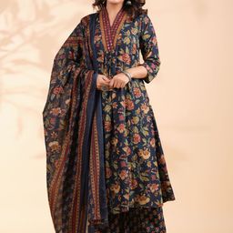 KALINI Floral Printed Pleated Mirror Work Pure Cotton A-Line Kurta With Palazzos & Dupatta-6