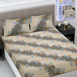 FABINALIV Beige & White Floral 300 TC King Bedsheet with 2 Pillow Covers-image-67