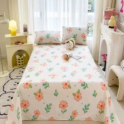 JC HOME White & Orange Floral 140 TC King Bedsheet with 2 Pillow Covers-image-38