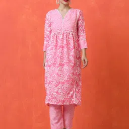 Jaipur Kurti Floral Printed V-Neck Empire A-Line Kurta With Trousers-8