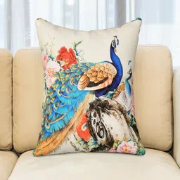 BED-SHEET.COM Cream-Coloured 5 Pieces Peacock Printed Jute Cotton Square Cushion Covers-image-78