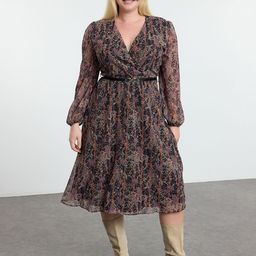 Trendyol Women Floral Printed Puff Sleeve Wrap Dress with Belt-image-91