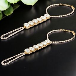 fabula Set Of 2 Kundan Studded And Beaded Hathphool Hathpanja Bracelet with Ring-image-3