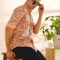 Mculine Men Standard Fit Abstract Printed Band Collar Cotton Casual Shirt-image-75