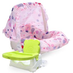 Babyhug Spring 5 in 1 Carry Cot Cum Rocker With Mosquito Net - Pink AND Babyhug Raise Me Up Baby Booster Seat With Adjustable Food Tray & 3 Point Safety Harness - Green White-image-104