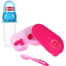 Babyhug Easy Squeezy Cereal Feeder Blue - 30 ml & Compartment Feeding Bowl With Lid & Spoon - Pink Combo Pack-0