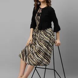 DEEBACO Striped Smocked Fit & Flare Dress With Shrug-56