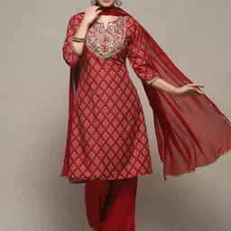 Biba Ethnic Motifs Printed Regular Thread Work Straight Kurta with Palazzos & Dupatta image 3