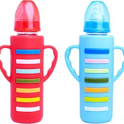 Glass Feeding Bottle with Handle Silicon Cover for Baby - Red & Blue (240ml) - 240 ml-image-32