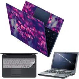 Anweshas 4 in 1 Combo Pack with Laptop Skin Sticker Decal, Palmrest Skin, Screen Protector, Key Guard for 15.6 Inch Laptop - Red Pink Blue Flowers Combo Set-14