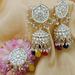 EVY Gold-Plated Artificial Stones Studded & Beaded Dome Shaped Jewellery Set-image-49