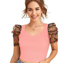 unianta Women Sweetheart Neck Puff Sleeves Fitted Crop Top-image-84