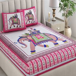 CHICERY White & Pink Ethnic Motifs 210 TC King Bedsheet with 2 Pillow Covers-image-87