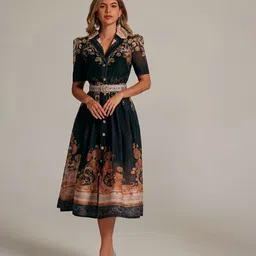 JC Collection Women Ethnic Motifs Printed Shirt Collar Fit & Flare Midi Dress with Belt-image-25