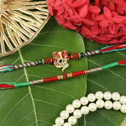 Asthetika Set Of 2 Stones Studded And Beaded Ganesha Rudraksha Rakhis With Roli Chawal-image-58