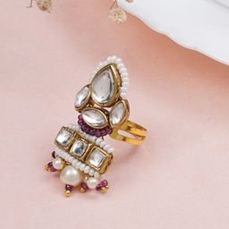 BeAbhika Gold-Plated Kundan Studded & Beaded Adjustable Finger Ring-46