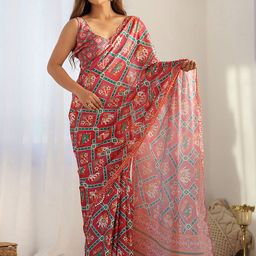 Anouk Ethnic Motifs Printed Mirror Work Embroidered Border Ikat Saree-picture-22