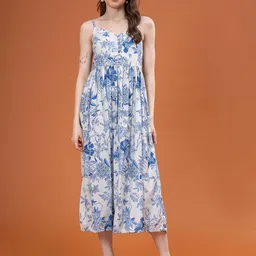 VASVI Women Floral Printed Shoulder Straps Cotton Fit and Flare Midi Dress-picture-3