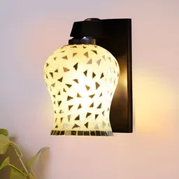 Devansh White & Silver-Toned Textured Wooden Bell Shaped Wall Lamp-image-88