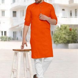 ANUJ FASHION Men Orange Solid Mandarin Collar Festive Ethnic Kurta-picture-2