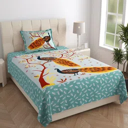 MANDAKINI Green & Brown Ethnic Printed 144 TC Cotton Single Bedsheet Set 1.82 m x 1.21 m-image-23
