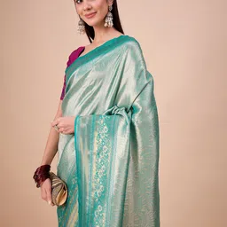 House of Pataudi Woven Design Kanjeevaram Tissue Saree With Blouse Piece image 3