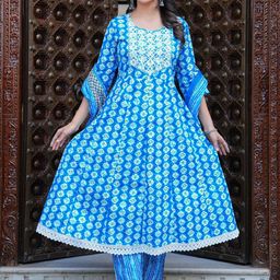 SINGNI Women Bandhani Embroidered Regular Pure Cotton Kurta with Trousers & With Dupatta-31