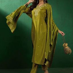 Sangria Women Floral Embroidered Straight Kurta with Trousers & Dupatta-picture-38