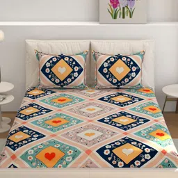 MOGNE FAB Peach & Blue Floral Cotton Fitted 210 TC King Bedsheet Set 2.28 m x 2.54 m-image-64