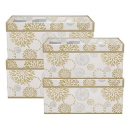 Kuber Industries White & Beige 4 Pieces Printed Storage Box Organisers With Lid-57