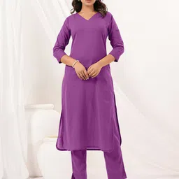 Janasya Women Purple Linen Cotton Solid Straight Kurta Pant Set-11