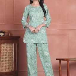 Aawari Printed Pure Cotton Round Neck Top With Trousers Co-Ords Set-17