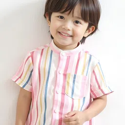 KIDGARB Boys Pink & Blue Striped Mandarin Collar Polycotton Shirt With Chest Pocket-picture-29