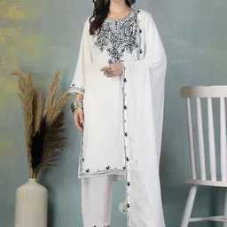 Shine N Sober Floral Embroidered Round Neck Straight Kurta With Trousers & Dupatta-picture-20