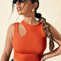 SSTAIR Women Ribbed Cut Out Fitted Crop Tops-picture-9