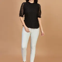 CORSICA Women Black Textured Square Pattern Ruffled Neck Half Sleeve Top-picture-19