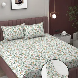 BELVOSTUM Green & White 300 TC King Bedsheet with 2 Pillow Covers-image-132