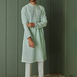 ASUKA Men Floral Embroidered Regular Chanderi Silk Kurta with Pyjamas-20