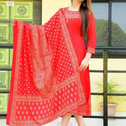 SIPET Ethnic Motifs Printed A-Line Ethnic Dress With Dupatta-image-2